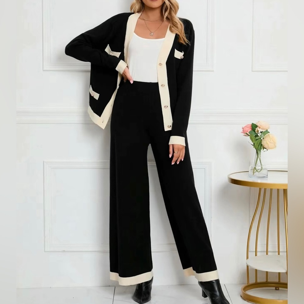 Women's Elegant  V-neck Button Cardigan & Sweater Pant Lounging Set